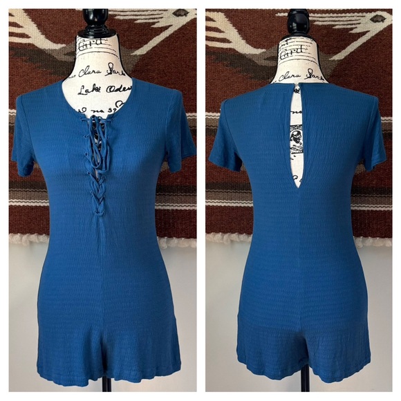 Reformation Corson Teal Lace Up Romper - Picture 3 of 14